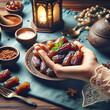 Ramadan food and drinks concept.  a hand reaches out to a plate with dates background Ai generative.