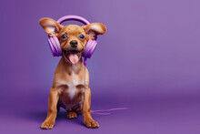 Dog In Purple Headphones Listening To Music. Happy Pet. Dog Wearing Headphones Listening To Music. Dog Listening Music, While Relaxing Isolated On Purple Background.