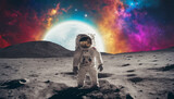 Fototapeta Kosmos - Astronauta fantastico con alba lunare