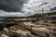 A rocky beach with a cloudy sky and a faraway lighthouse. Generative AI