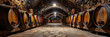 wine barrels in cellar, a dark cave with rows of wine barrels