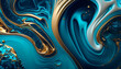 abstract fractal background, Marble aqua blue gold texture, liquid, wallpaper, background, Ai generated image 