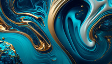 Abstract Fractal Background, Marble Aqua Blue Gold Texture, Liquid, Wallpaper, Background, Ai Generated Image 