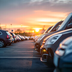 Car parked at outdoor parking lot. Used car for sale and rental service. Car insurance background. Automobile parking area. Car dealership and dealer agent concept.