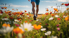 Close-up Of The Legs Of A Male Athlete Running Across A Field Of Flowers