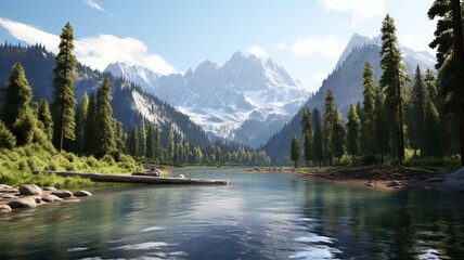 Wall Mural - A tranquil alpine lake surrounded by towering snow-capped mountains as the sun sets behind the peaks -Generative Ai