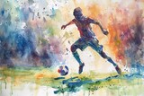 Fototapeta Sport - Watercolor of a soccer player on white.