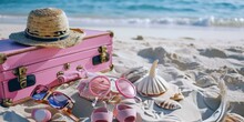 Pink Suitcase With Sunglasses And Hat On The Beach. Travel Concept.