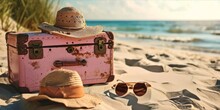 Pink Suitcase With Sunglasses And Hat On The Beach. Travel Concept.