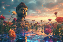 A Big Glowing Golden Buddha Statue With Glowing Nature Background, Multicolor Flowers, Butterflies