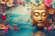 a big glowing golden buddha face with glowing nature background, multicolor paper flowers, butterflies