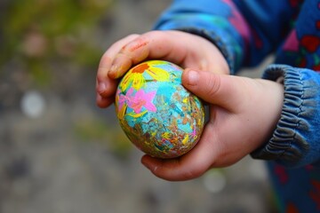 Wall Mural - A child's hand holding colorful easter egg, concept of easter holiday and religion.