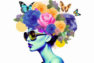 Female portrait with flowers in her head. Creative background with stylish woman. Fashion portrait. Summer style