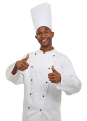 Wall Mural - Black man, chef and portrait with thumbs up, happy and confident guy on white studio background. African person, culinary expert and mockup space with career, food industry and employee uniform