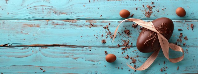 Poster - Chocolate easter egg on light blue wooden background, easter holiday concept.