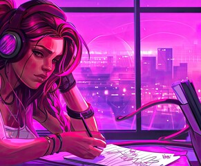 Poster - Woman Working on Computer With Headphones for Online E-Learning Generative AI