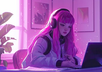 Poster - Woman With Pink Hair Using Laptop and Headphones for Online E-Learning Generative AI