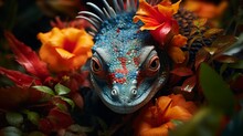 A Vibrant Lizard Camouflaged Among The Vibrant Flowers In A Tropical Rainforest -Generative Ai