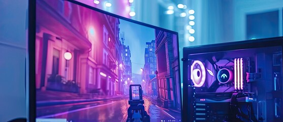 Poster - Person Standing in Front of Computer Monitor at Neon Gamer Gaming Generative AI