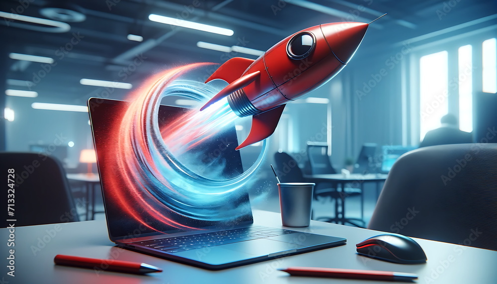 Rocket Using Computer Graphics Digital illustration of launching space rocket from laptop screen. a ...