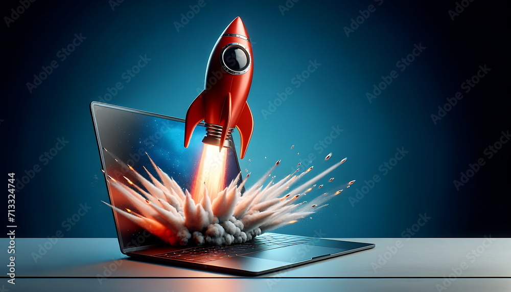 Rocket Using Computer Graphics Digital illustration of launching space rocket from laptop screen. a ...