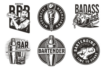 Wall Mural - Bartender design with boston shaker and bottle stopper, bucket with ice for bartending school. Vector emblem set of chromed metal equipment or cocktail bar tool for barman or barkeep