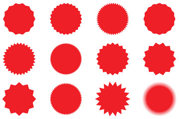 Poster - Set of red price sticker, sale or discount sticker, sunburst badges icon. Stars shape with different number of rays. Special offer price tag. Red starburst Promotional sticky notes and labels.