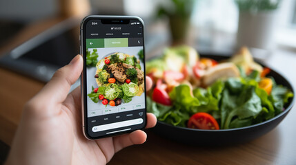 Woman using dieting app to track nutrition facts and calories in her food