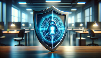 Wall Mural - A digital illustration of the laptop has a screen lock in the shape of a shield cyber security, data protection concept. Color blue and cool ambient.