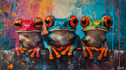 Wall Mural - three funny red eyed frogs