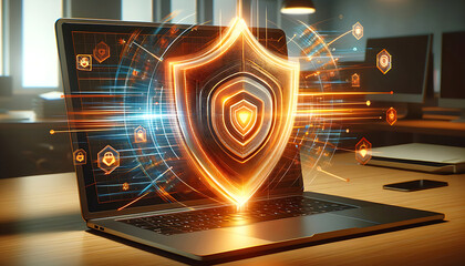 Wall Mural - A laptop has a screen lock in the form of a cyber security shield, glow effect, and data protection concept.