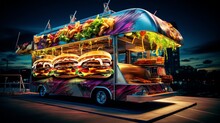 A Wide-angle View Of A Vibrant Food Truck Specializing In Gourmet Sliders, With A Colorful Menu Board -Generative Ai