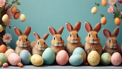 Easter bunny rabbit with blue painted egg on blue background