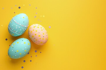 Wall Mural - Yellow background with easter eggs, concept of easter holiday and religion.