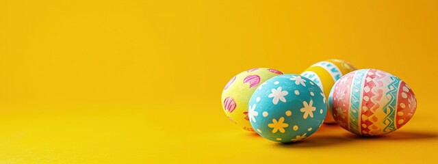 Poster - Yellow background with easter eggs, concept of easter holiday and religion.