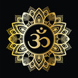 Golden OM mandala frame icon for decoration, spirituality, meditation