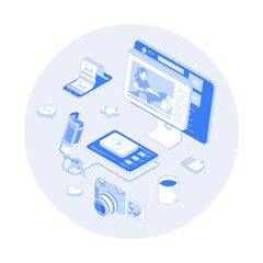 Wall Mural - Video blogging. Making video content for blog or vlog in social networks. Video streaming in social media. Vector outline illustration with isometry scene for web graphic