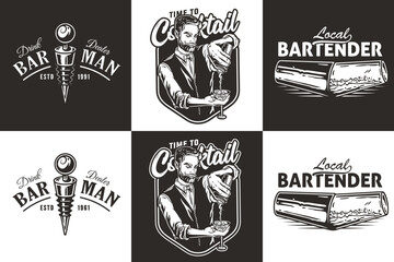 Wall Mural - Bartender design with bottle stopper and boston shaker for bartending school. Vector emblem set of chromed metal equipment or cocktail bar tool for barman or barkeep