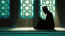 Silhouette Of A Muslim Man Praying And Reading Quran In The Mosque - AI Generated