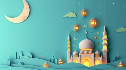 Wall Mural - mosque paper art style with pastel color for ramadan - AI Generated 