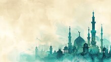 Abstract Aquamarine Watercolor Stain Texture Background With Mosque Silhouette For Eid Greeting Card - AI Generated Abstract Art