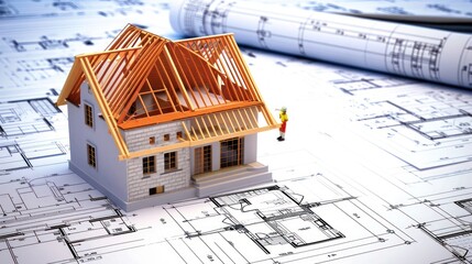 Poster - House on Top of Blueprints With Construction Plan in Background Generative AI