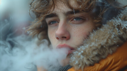 young man smoking a vape, lots of smoke.