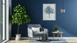 The design of a living room in which the blue color predominates