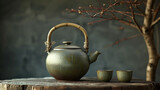 Fototapeta  - Japanese teapot and tecups on the table, traditional style