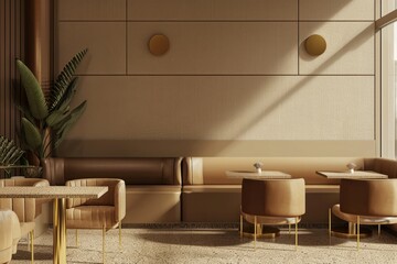 Poster - Concept for a cafe interior using a palette of sandy beige and deep browns, incorporating leather seating and brass details