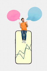 Poster - Collage artwork image of funky scared guy sitting on huge phone announcing news empty space element isolated drawing background