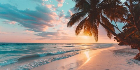 Wall Mural - Tropical sunset on the beach. Seascape with palm trees