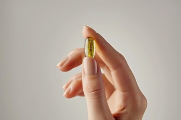 Wall Mural - Medicine and health focus with vitamin supplements in pill capsules hand holding omega oil gel against white background pharmaceutical care treatment medication closeup nutritional therapy