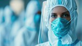 Fototapeta Lawenda - Overwhelmed healthcare workers and scientists in protective suits in the process of fighting the virus and solving problems with the pandemic